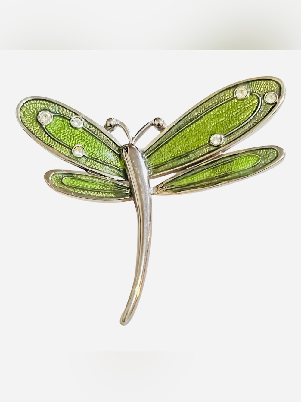 Liz Claiborne Green Dragonfly Brooch Pin Silvertone Clear Rhinestones